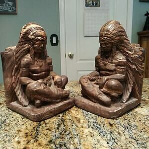 Vintage Swirly Indian Chief Statue Book Ends Rests Nice Heavy Vtg